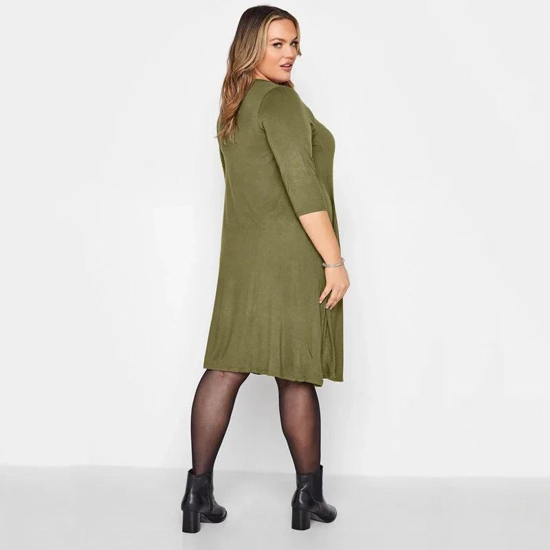 Amay Plus Size Half Sleeve Casual Summer Tunic Dress Pockets Front Loose Straight Midi Dress Large Size Flare Basic T-shirt Dress 7XL