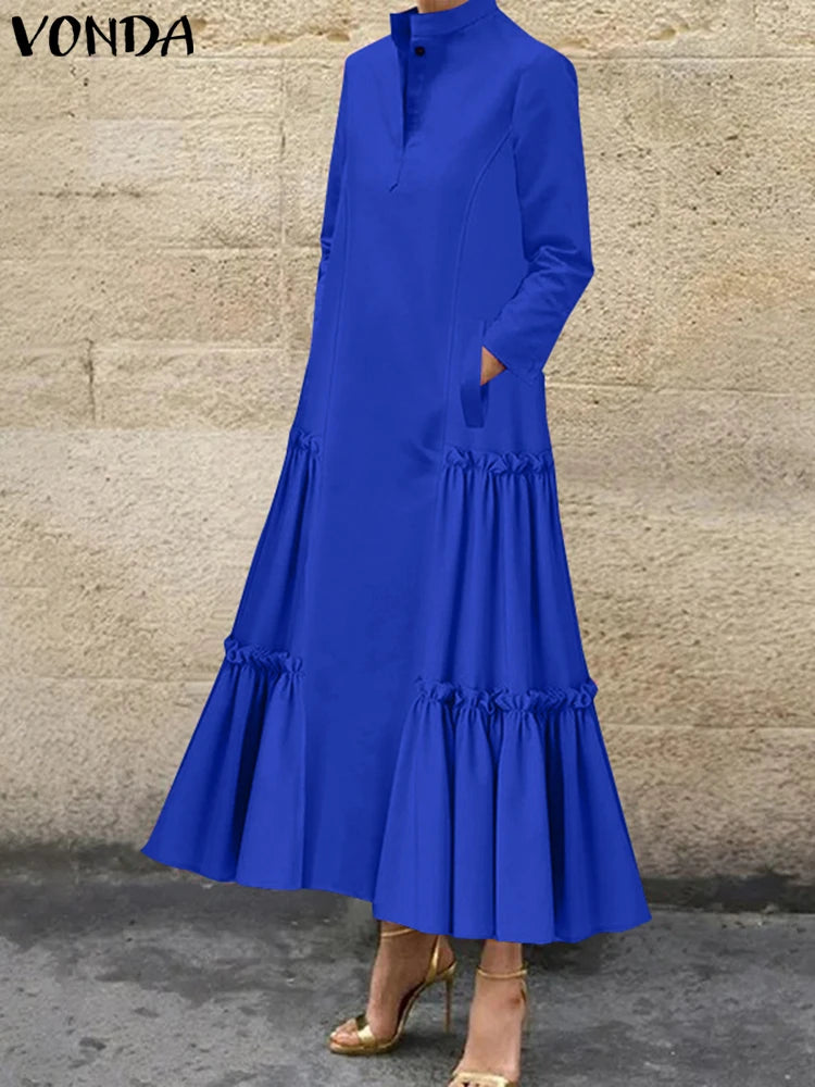 Maxy Plus Size VONDA Women Ruffled Maxi Long Dress Casual Solid Color A-Line Shirt Dress Stand Collar Long Sleeve Party Vestido