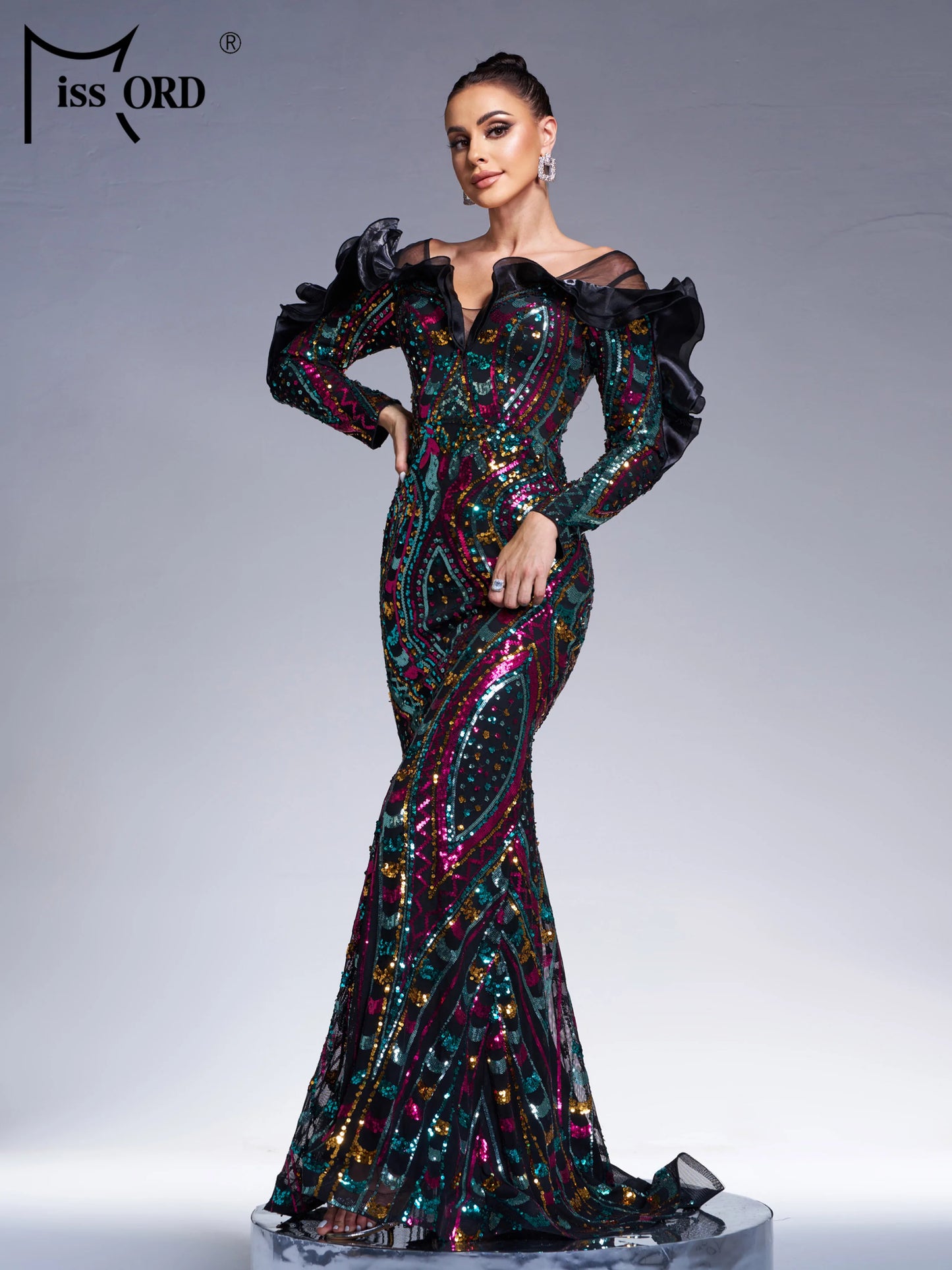 Maxy New Black Church Off Shoulder Sequin Geometric Mermaid Evening Cocktail Wedding Birthday Party Formal Occasion Dress
