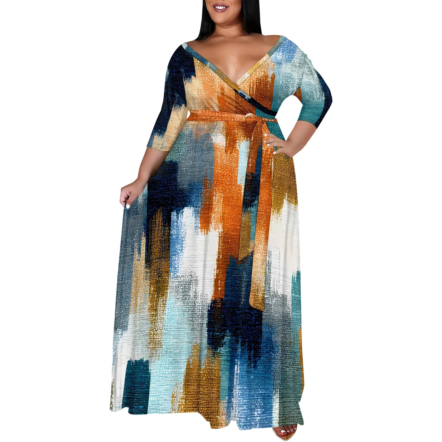 Maxy Plus Size Women's 3/4 Sleeve V-Neck Abstract Colorful Print Wrap Maxi Dress Fashion Boho Summer Style
