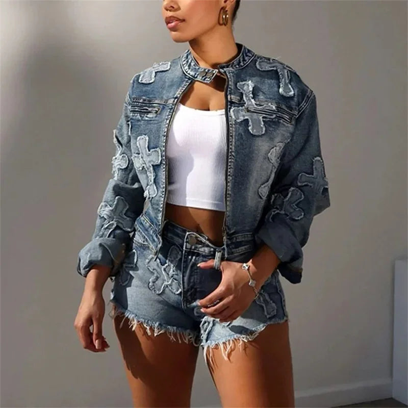 Zay Women Vintage Embroidery Cross Two Piece Sets Zipper Cardigan Button Splice O Neck Short Jacket Female Denim Suits Tassel Shorts