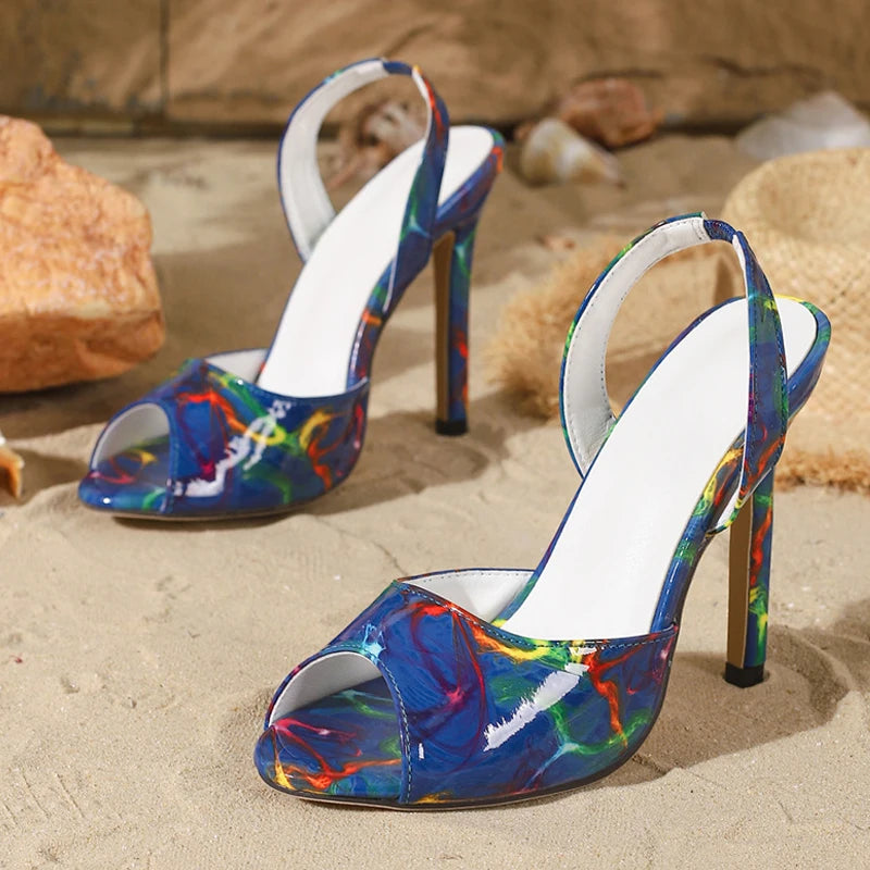 Maxy New Arrivals Graffiti Color Leather Women Sandals High Heels Party Dress Shoe Sexy Slip On Back Strap Sandalias Mujer