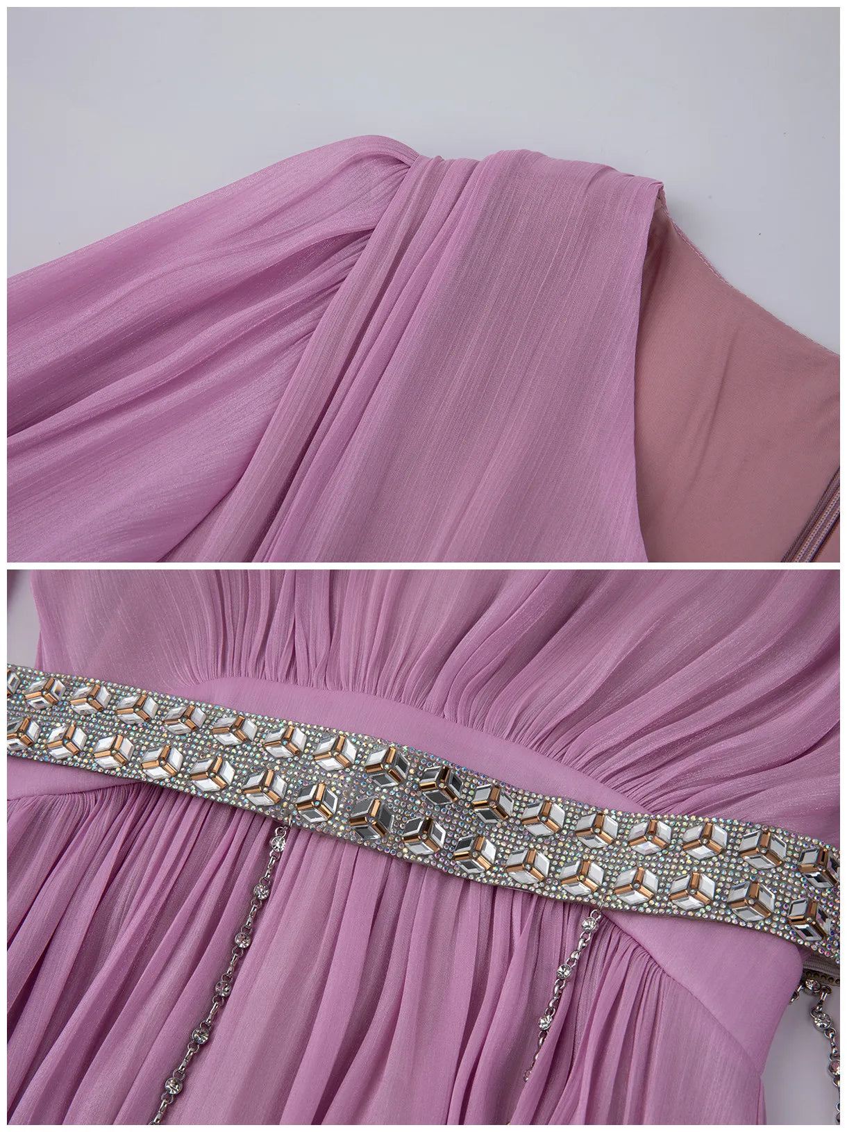 Maxy Solid Beaded Diamonds Ruffle Chiffon Satin Dress for Women‘s V-Neck Long Puff Sleeve Long Maxy Dress Evening Party Robes Femme