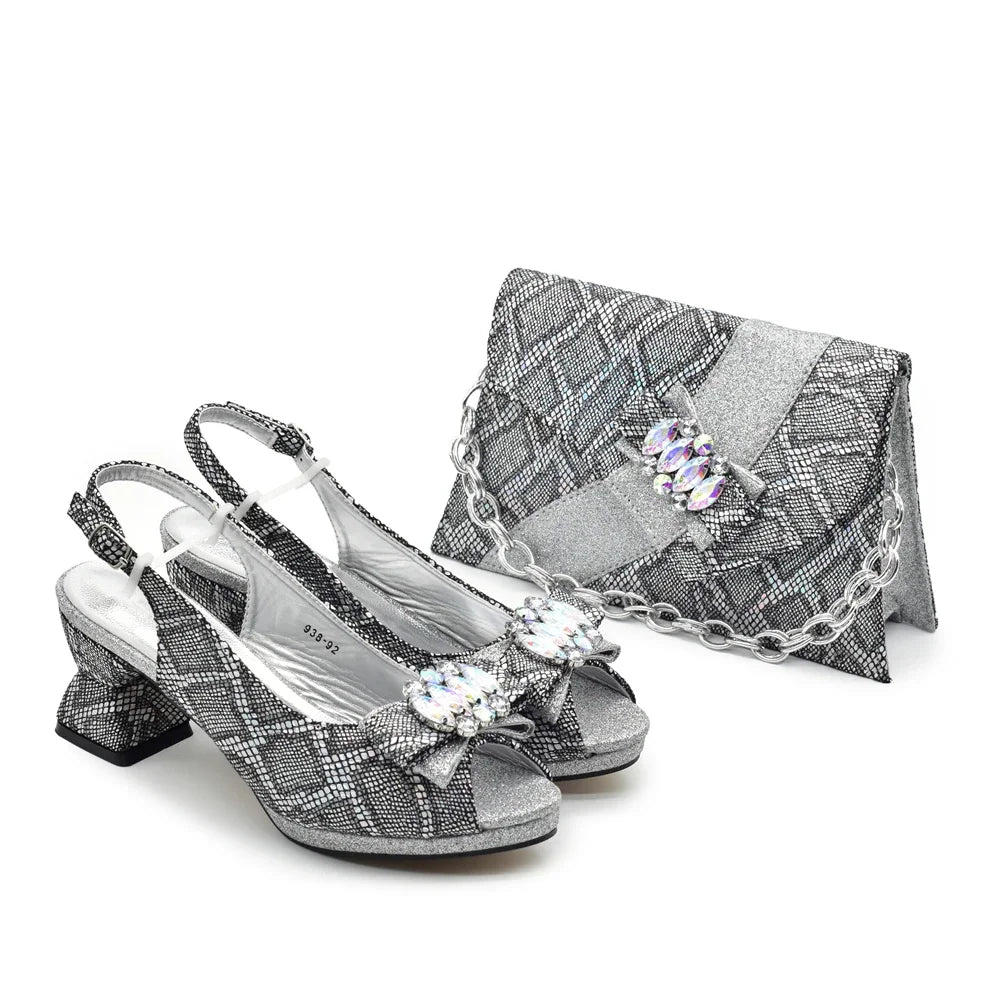 Maxy New Arrival African Silver Women Shoe and Bag Set for Party in Women Elegant Rhinestone Women Pumps