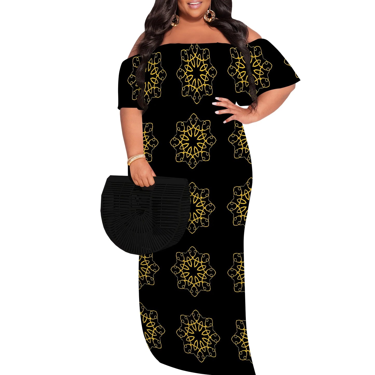 Amay Plus Size Elegant Off Shoulder Dress for Women African Inspired Pattern Long Evening Gown