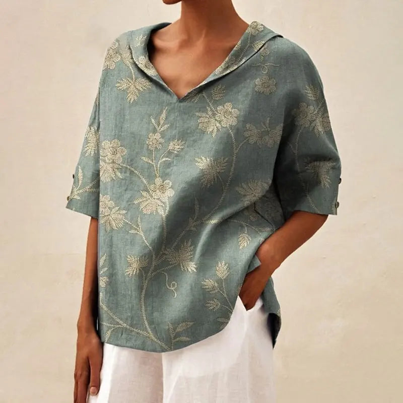 Maxy Women's Loose V-Neck Cotton Linen Shirt, Casual Elegant Summer Blouse Office Wear