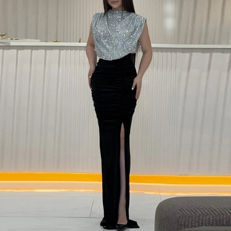 Maxy Lady Fashion Sleeveless Draped Split Dress Casual O Neck Sequin Splicing Party Dress New Year Elegant High Waist Long Dress