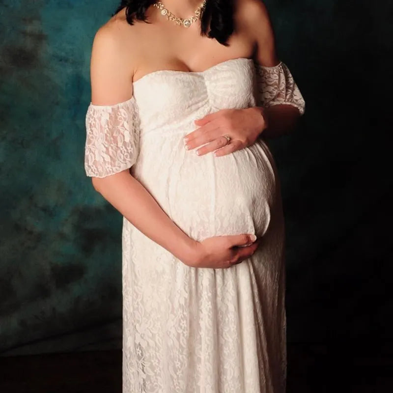 Maxy Pregnant Women Off Shoulder Ruffle Sleeve Lace Maternity Gown Maxi Photography Dress Elegant Pregnancy Dresses for Photo Shoot