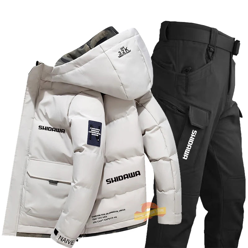 Maxy New Fishing Suit Men Winter Down Clothing Windproof and Coldproof Mountain Climbing Jacket + Waterproof Warm Pants Two-piece Set