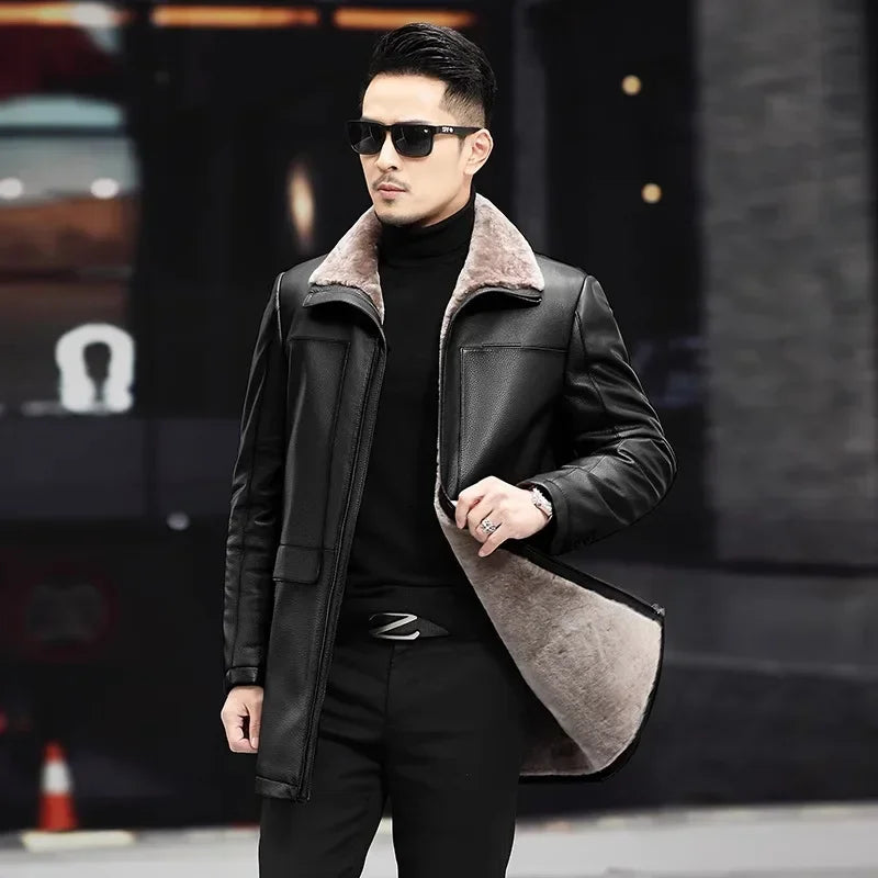 Tcyeek Genuine Leather Jacket Men Business Casual Real Cowhide Coats for Man Thickened Warm Wool Jackets Winter Clothes Overcoat