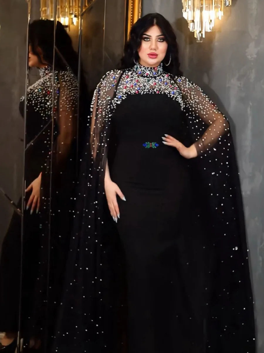 Maxy Ramadan Party Dress for Women Maxy Long Sleeve Mesh Beads Lagors Dubai Arabic Abaya with Cloak Elegant dress