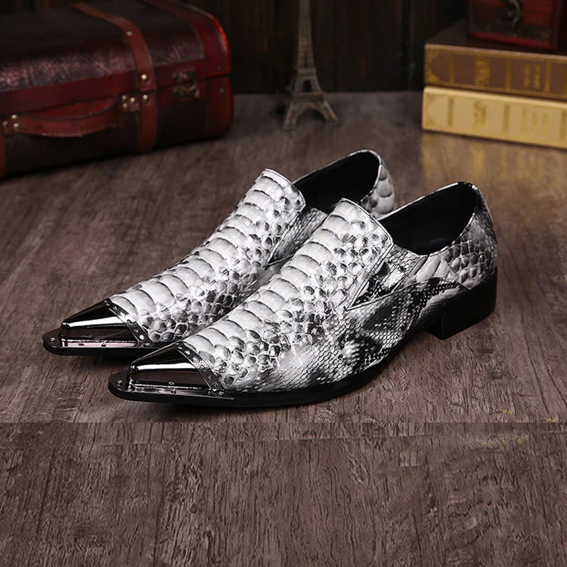 Visco Italian Style Men's Shoes Pointed Iron Toe Fashion Snake Pattern Leather Dress Shoes Men Formal Business/Party Shoes