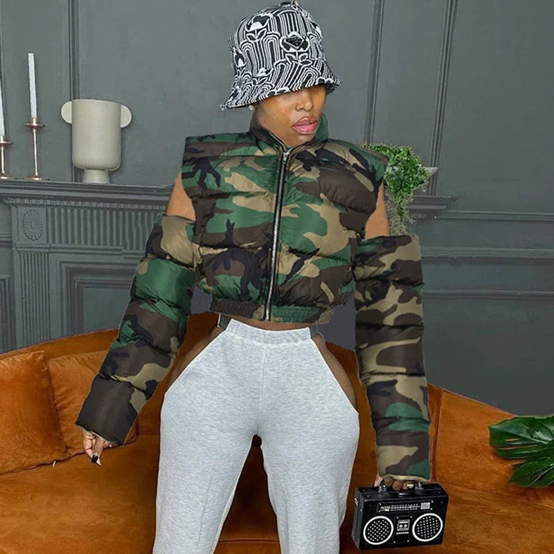 Maxy Street Women Camouflage Zipper Puffer Jacket Hollow Out Sleeve Camo Bubble Coats Stand Collar Collect Waist Parkas Down Jacket