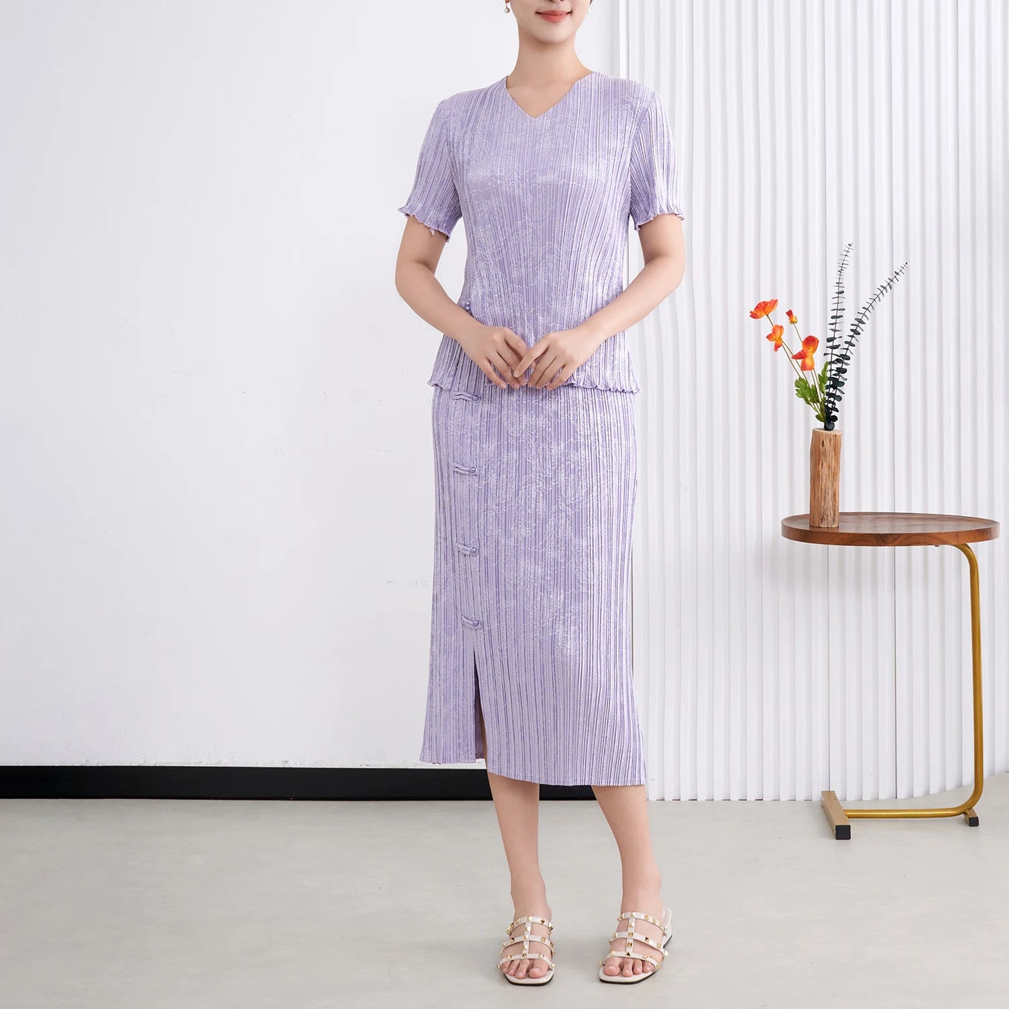 Maxy Summer New Miyake Pleated Set Women's Casual Two-Piece Outfit with Chinese Vintage Style Shirt and Skirt