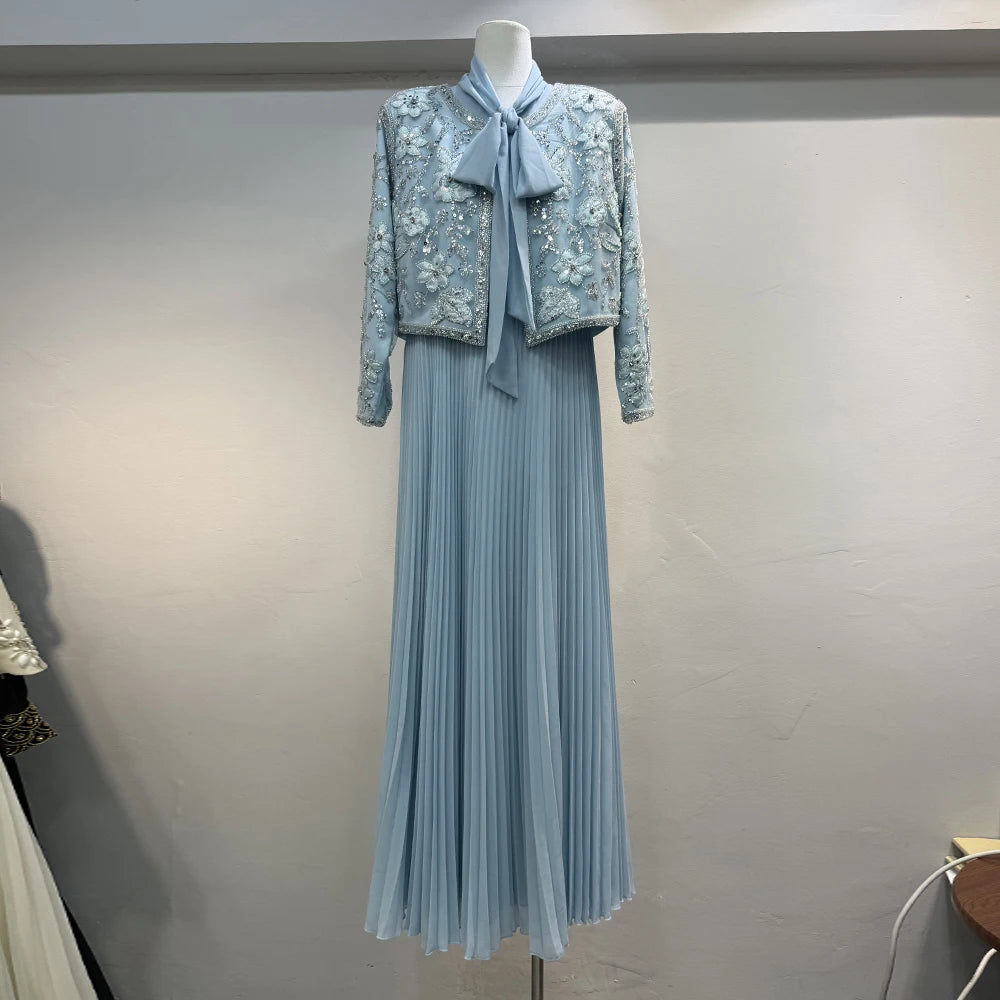 Maxy Luxury Two Piece Set for Women O Neck Short Cardigan Spliced Embroidery Scarf Collar Maxy Dress Office Lady Suit Female New
