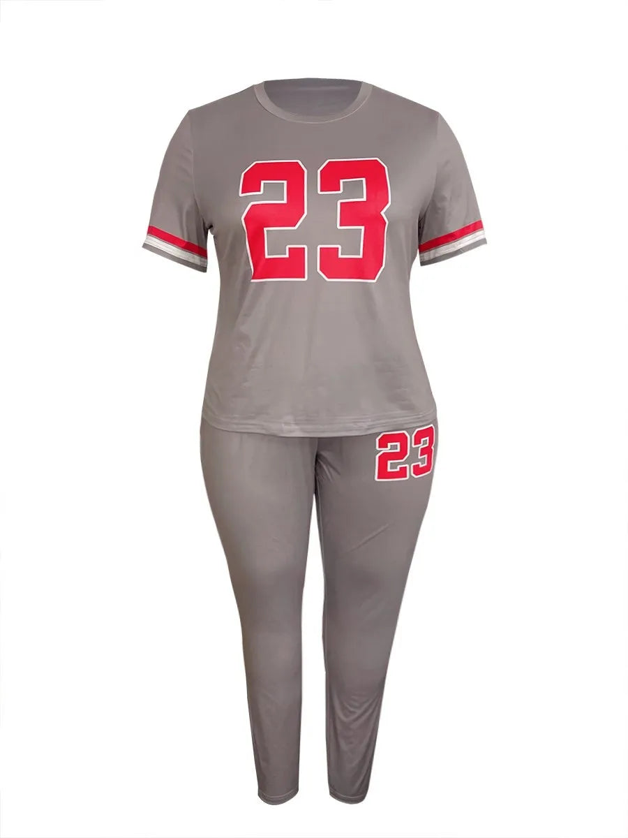 Maxy Plus Size Women Two Piece Tracksuits 23 Digital Print Skinny Pants Set  short Sleeve Sweatshirt +Skinny Pants Set Women Track