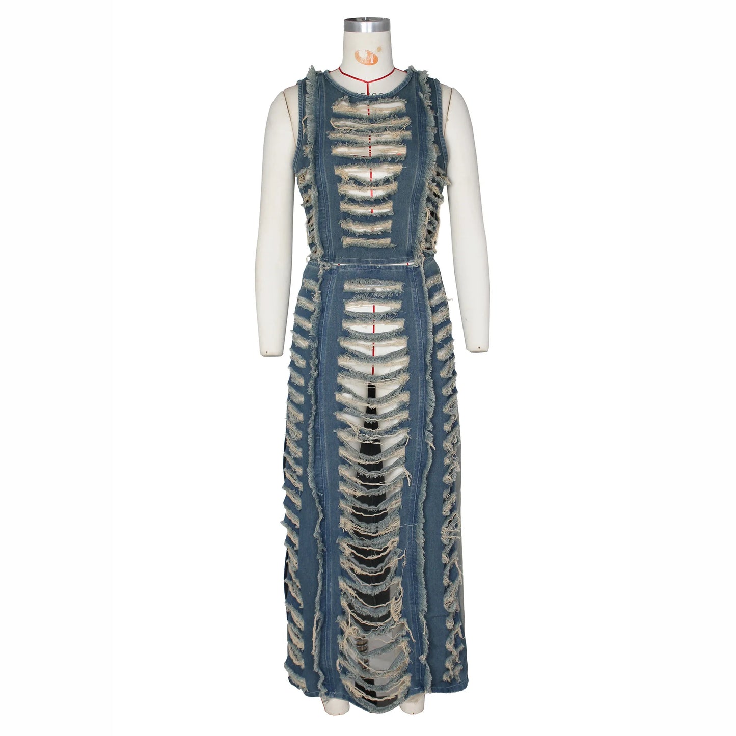 Maxy Women Sleeveless Crop Tank Tops and Split Side Maxi Skirt Streetwear Outfits Elegant Ripped Hole Denim Two 2 Piece Dress