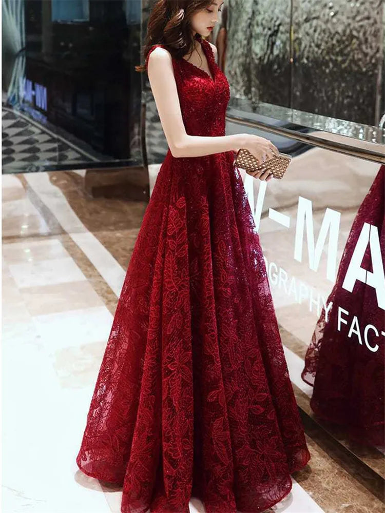 Maxy Wine Red Dress Solid Color Sequin V-neck Long A-line Skirt Elegant Evening Gown M047
