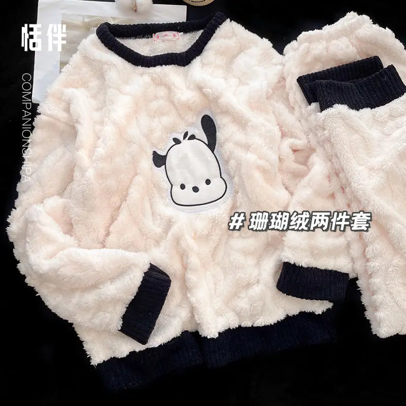 Maxy Hello Kitty Coral Velvet Pajamas Pacheco Girls Sweatshirt Autumn and Winter Plus Velvet Warm Casual Home Wear Set