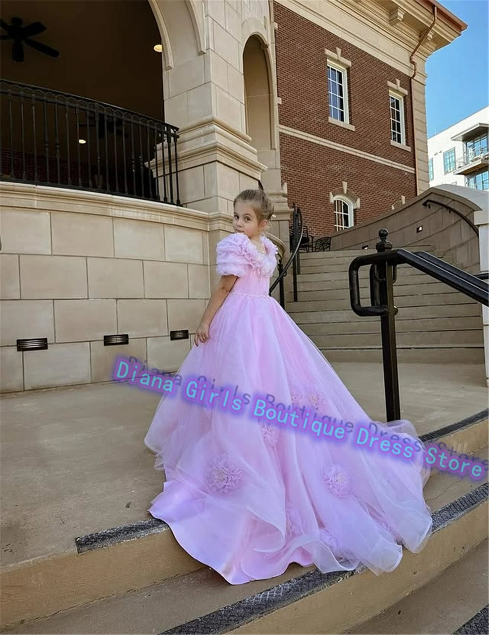 Maxy Princess Lovely Pink Flower Girl Dress Tulle Fluffy Wedding Dresses Appliqued Tiered Princess Little Girls Birthday Party Customise Gowns
