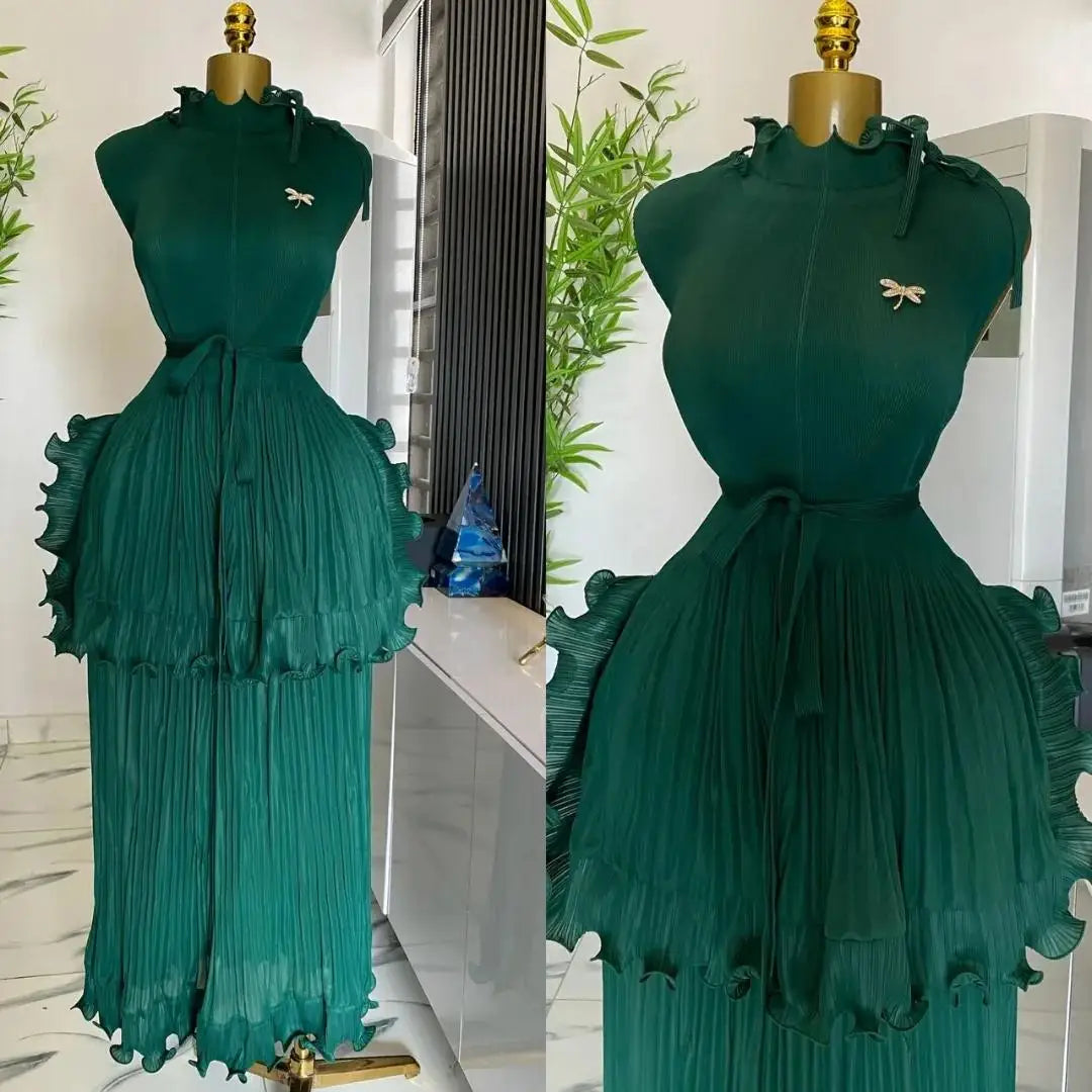 Maxy Summer New Pleated Dress Women's Solid Sleeveless Ruffles Lace Bottom Skirt with Belt Fashion Female Dresses