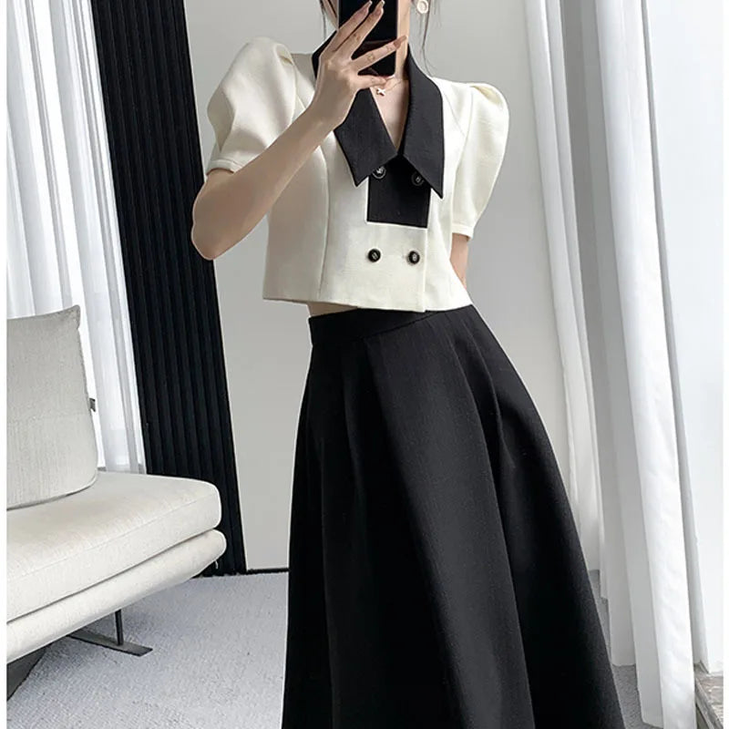 Babs French Elegant Two Piece Sets Vintage Office Lady Puff Sleeve White Crop Top + A Line Black Midi Skirts Suit Retro Summer Outfit