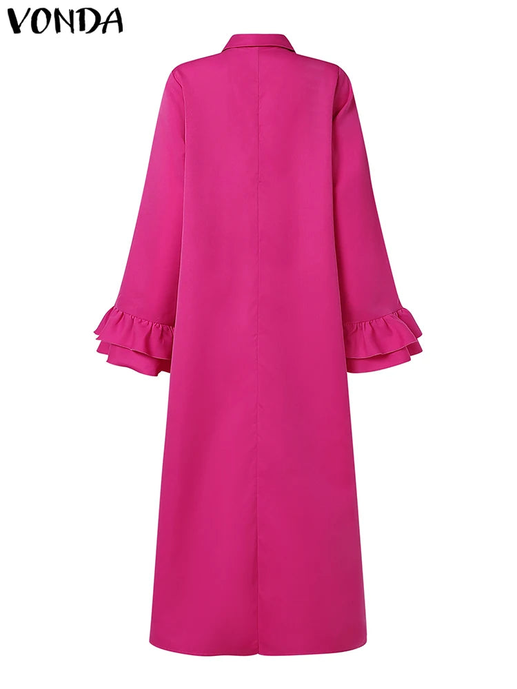 Maxy Plus Size 5XL VONDA Women Elegant Shirt Dress Ruffle Pleated Maxy Long Dress Casual Loose Solid Sundress Long Sleeve Robe
