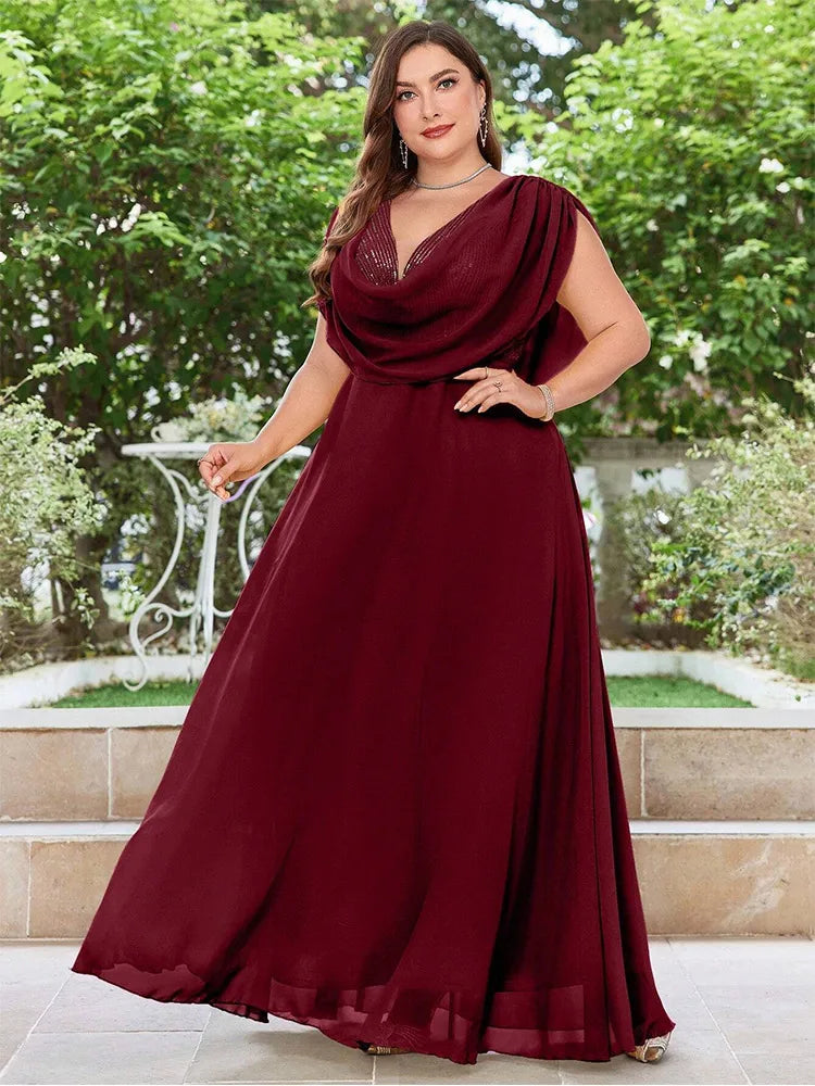 Maxy Plus Size V Neck Chiffon Yellow Floor Floor Bridesmaid Luxury Dress 4XL 5XL Big Size Shiny Chiffon Banquet Evening Dress Women