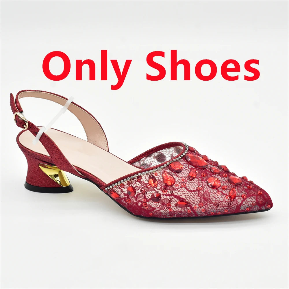 Maxy Red Color Classics Design Women Shoes and Bag Set High Quality with Shinning Crystal for Women Wedding Party