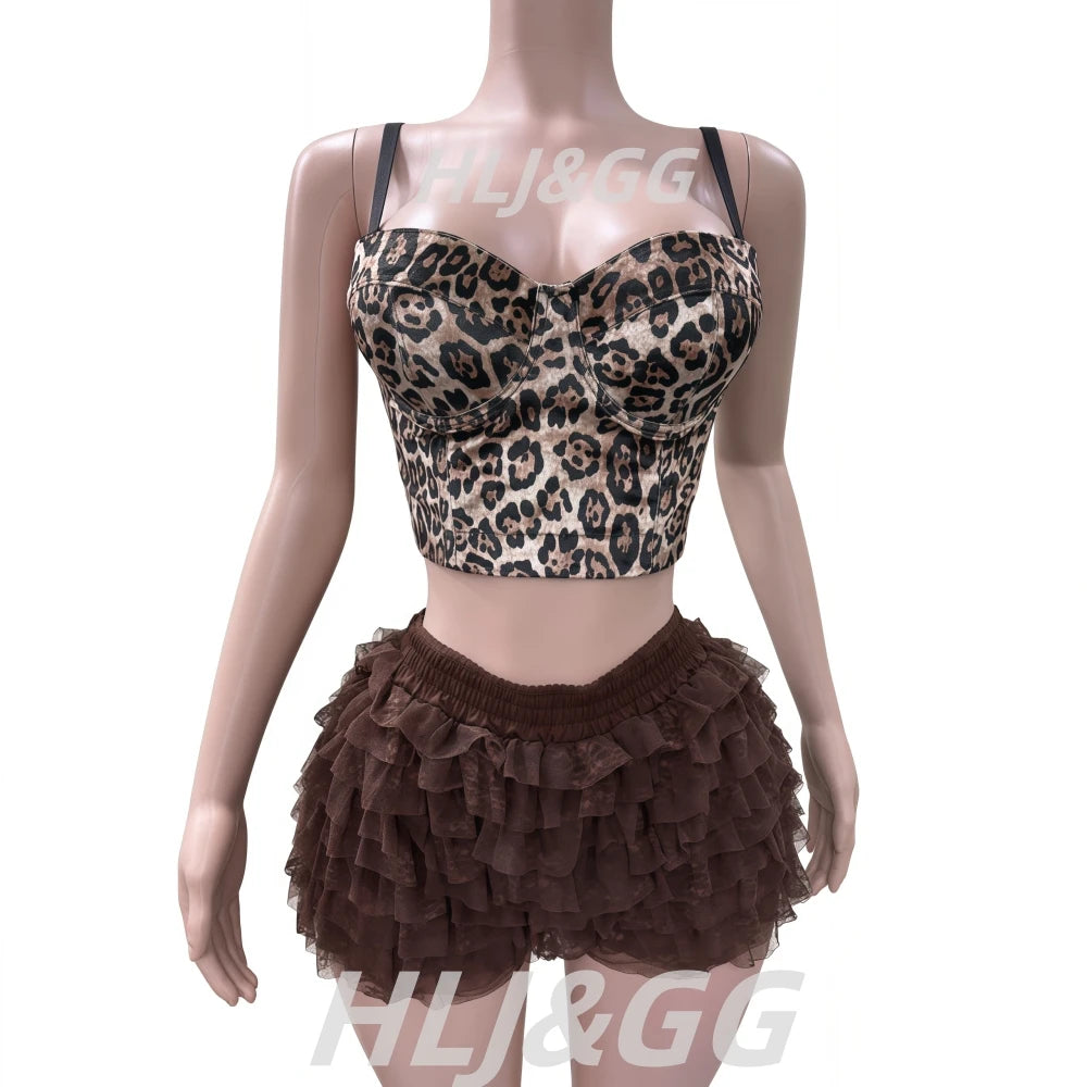 Maxy HLJ&GG Fashion Leopard Y2K Lace Ruched Skirts Shorts Two Piece Sets Women Spaghetti Strap Crop Tank Top And Mini Skirt Outfits