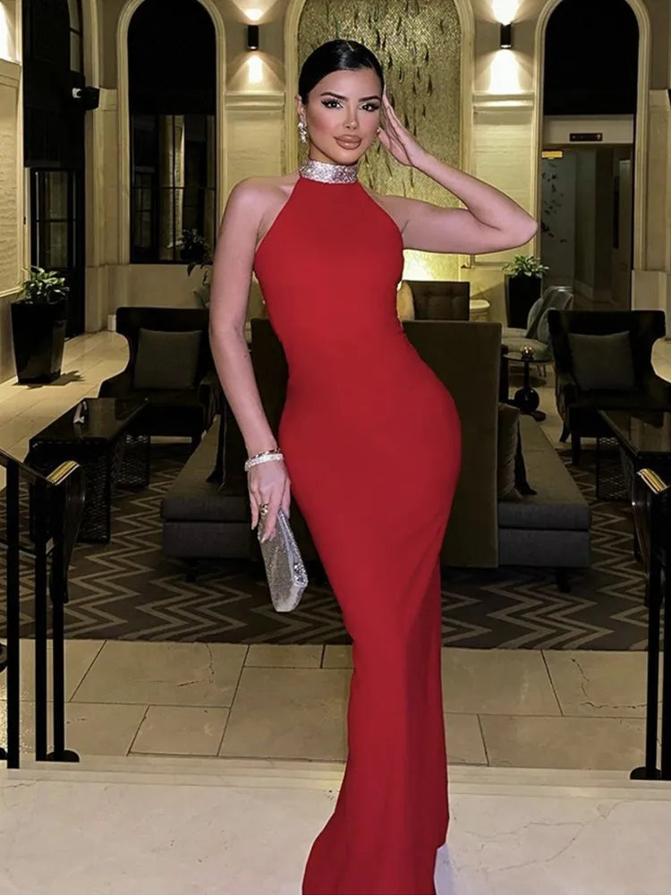 Maxy Women Red Party Dress Luxury Elegant Diamonds Halter Backless Slim Long Celebrity Evening Gowns Korean One Piece Dresses