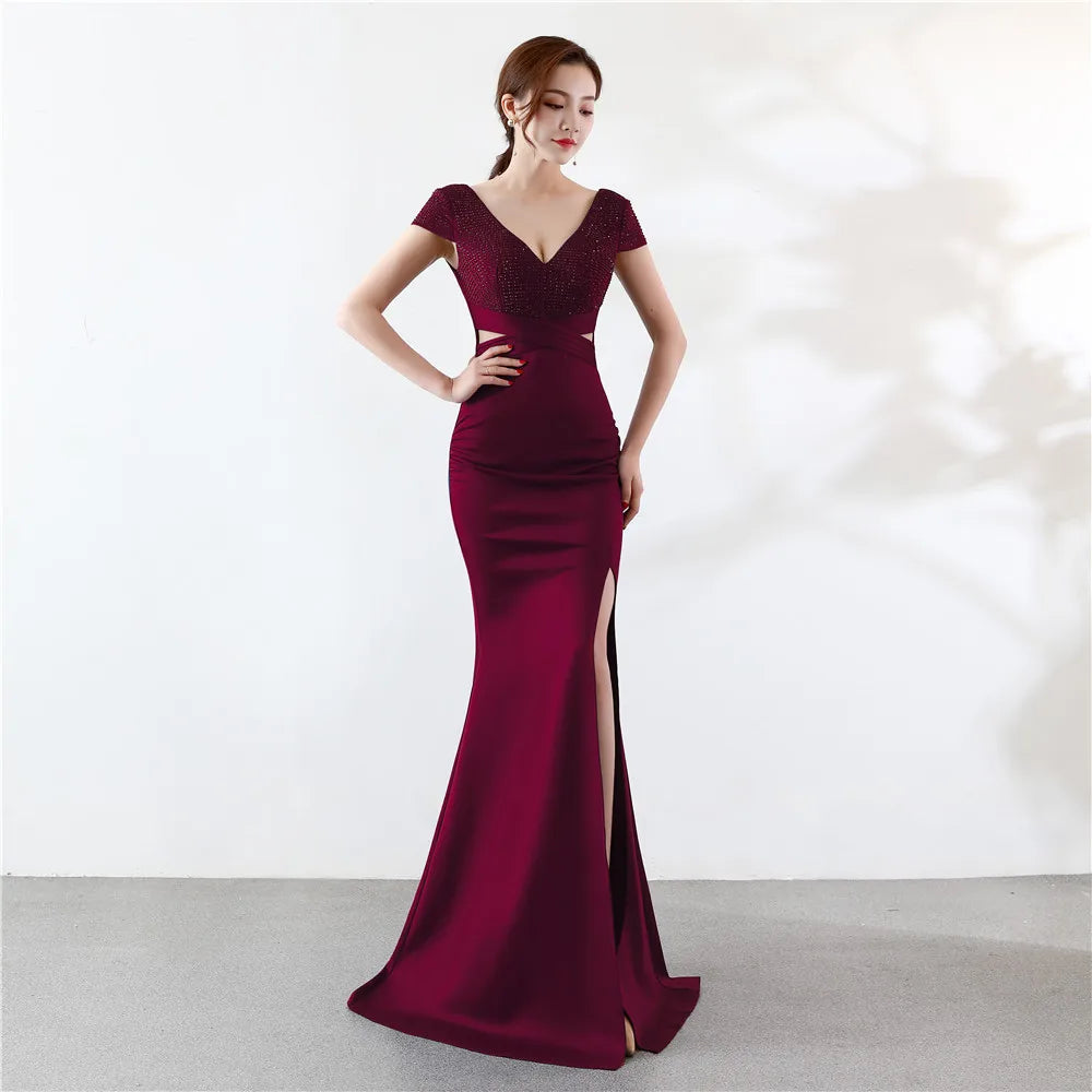 Maxy Customized Cap Sleeve V Neck Cross Waist Side Slit Backless Dress Cocktail Party Evening Gowns For Women