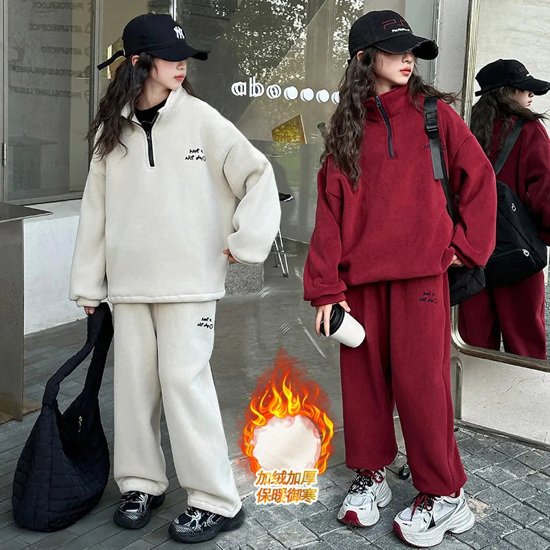 Maxy Girls Suits Winter Casual Two-piece Set Fashion New Korean Children Pack Fleece Thickened Letter Hoodie Pants Clothes