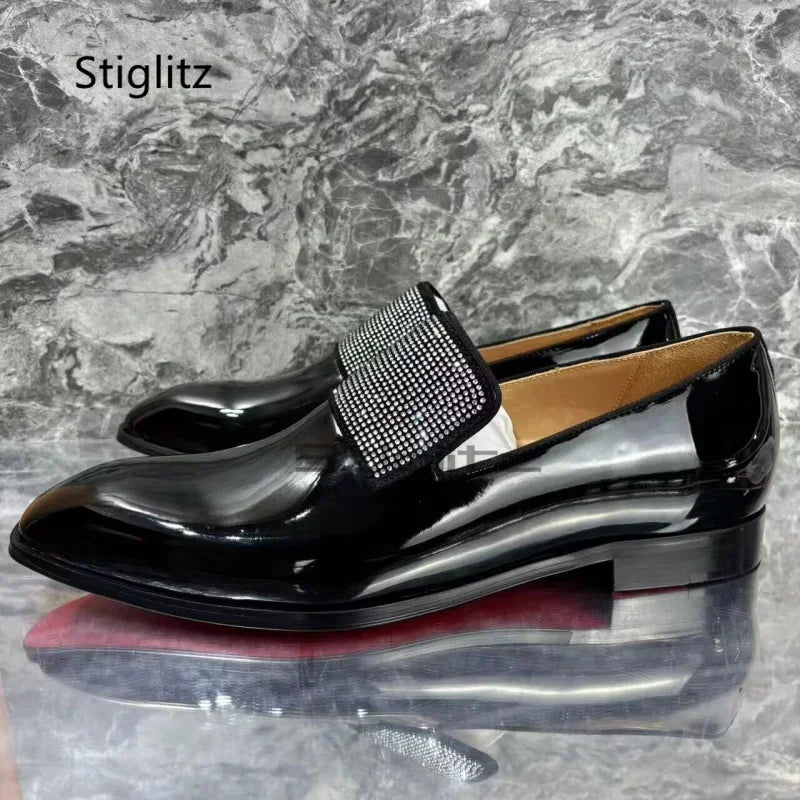 Visco Rhinestone Men's Bright Leather Dress Shoes Black Square Toe Business Office Wedding Shoes Slip On Loafers Luxury Mlae Shoes