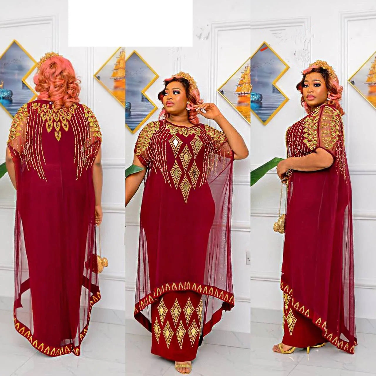 Maxy Two-Piece African Dresses for Women Traditional Nigeria Mesh Hot Drill Caftan Dress Abaya Musulman Robe Femme Clothes