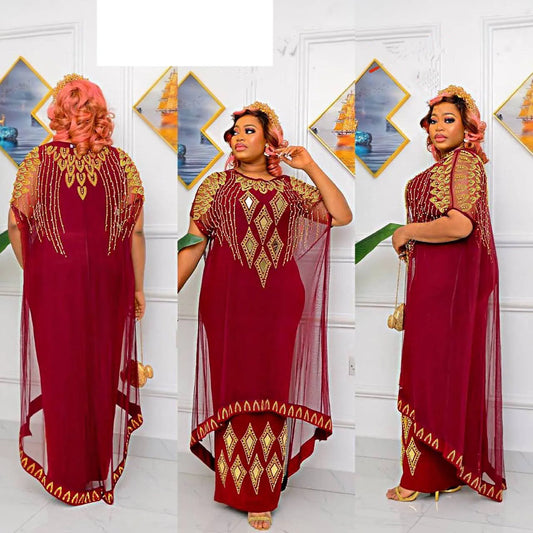 Maxy Two-Piece African Dresses for Women Traditional Nigeria Mesh Hot Drill Caftan Dress Abaya Musulman Robe Femme Clothes