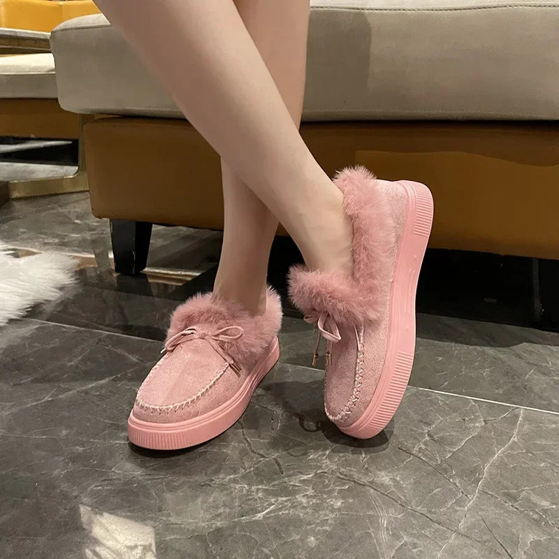 Maxy Winter Women's Cotton Flat Shoes Moccasins Femme Warm Plush Loafers Comfy Fur Flats Woman Large Size 35-43 Platform Furry Boots