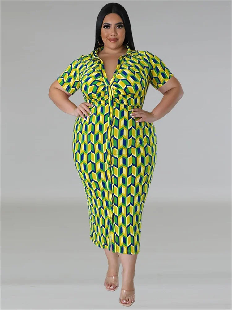 Wmstar Plus Size Dresses for Women 5xl Short Sleeve Print Casual V Neck Midi Dress New Style Office Lady Wholesale Dropshipping