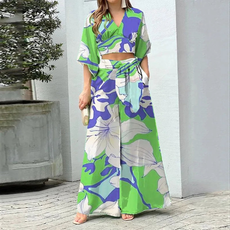 Maxy Vacation Beach Fashion Set Women's Fashion Spring V-neck Lantern Sleeve Top T-shirt Loose Sexy Lace Up Loose Pants Two Piece Set
