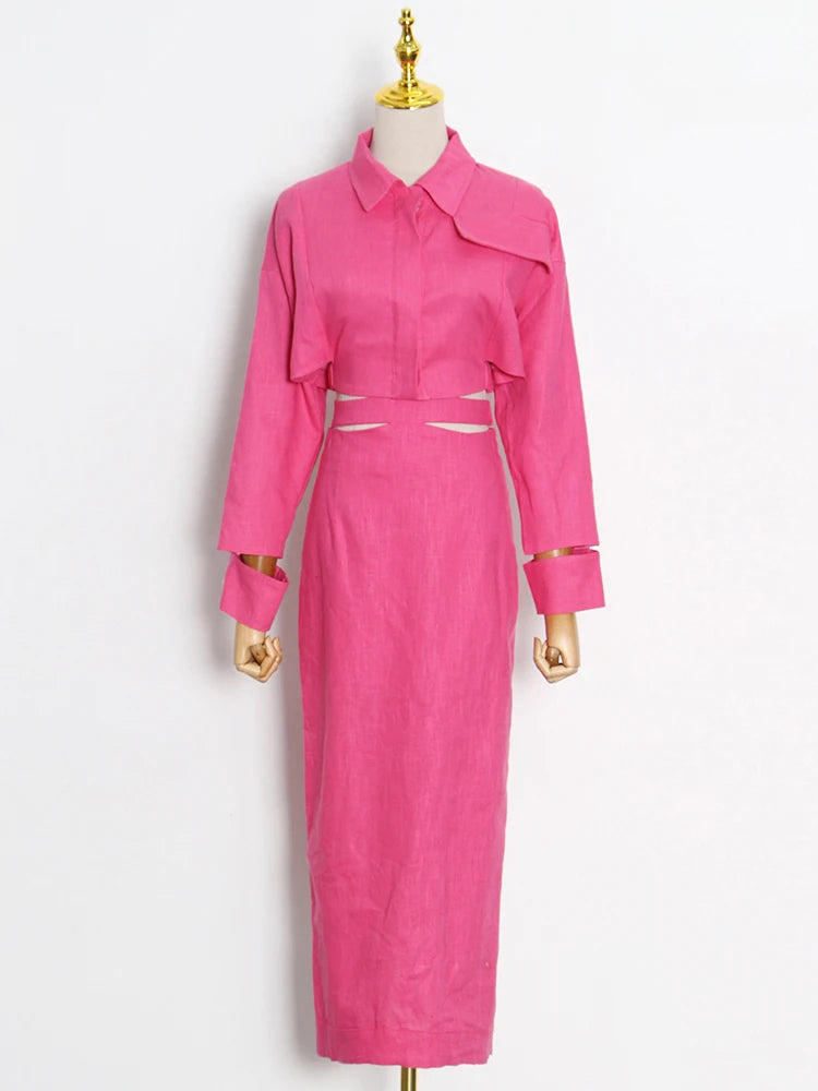 Maxy TWOTWINSTYLE Solid Casual Two Piece Set For Women Lapel Collar Long Sleeve Short Top High Waist Slim Skirt Female Fashion