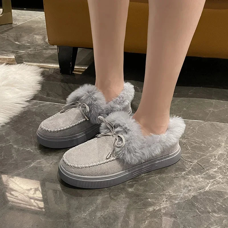 Maxy Winter Women's Cotton Flat Shoes Moccasins Femme Warm Plush Loafers Comfy Fur Flats Woman Large Size 35-43 Platform Furry Boots
