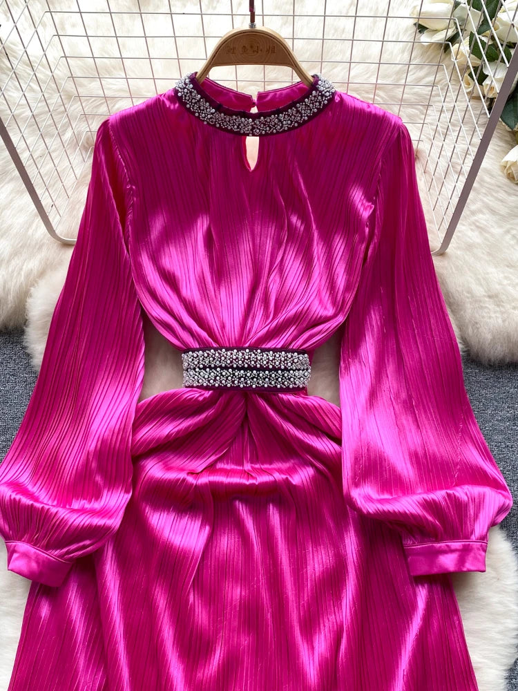 Maxy New Casual Spring Autumn Solid Slim Full Lady Dress A Line O Neck Chiffon Pullover Mid-Calf Women Dresses