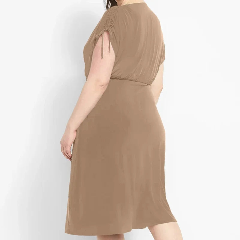 Maxy Plus Size Surplice Neck Elegant Summer Ruched Dress Women Adjustable Shoulders Elastic Waist Midi Wrap Dress Casual Party Dress