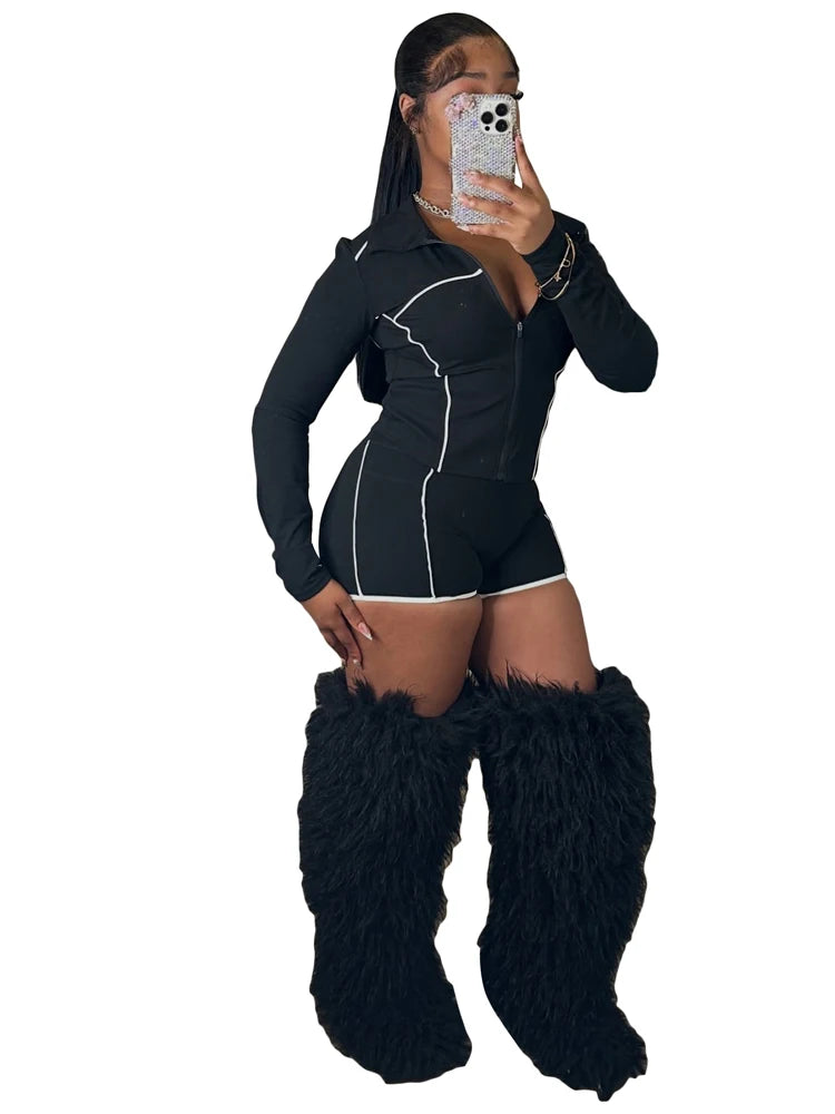 Women's 2-Piece Short Pants Sets Solid Color Women Tracksuit Winter Yoga Set Long Sleeve Gym Training Clothes Yoga Tight Jacket