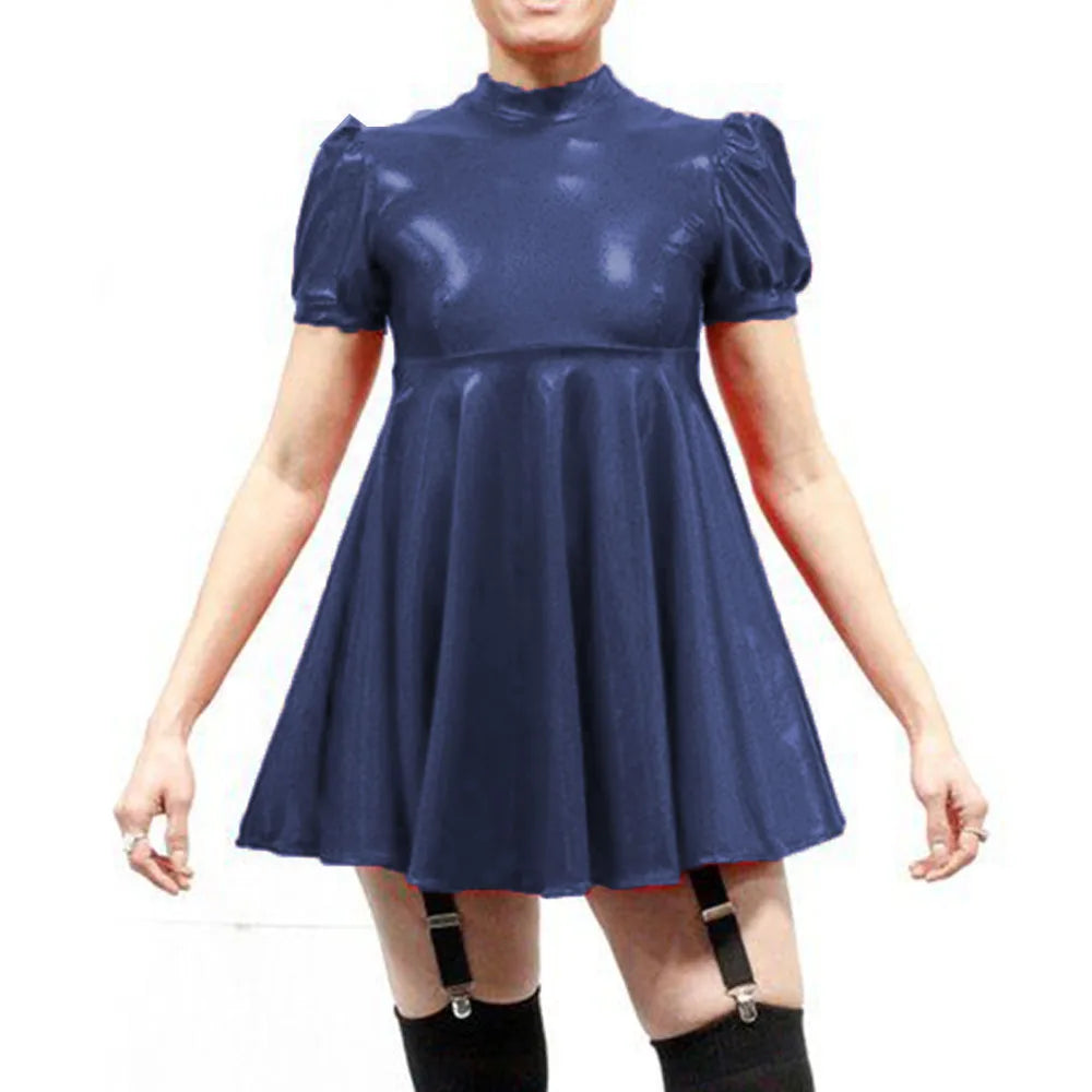 Maxy Plus Size Latex-look Mini Dresses Fashion Mock Neck Pleated A-Line Sissy Dress Rave Party Swing Short Dresses Male PVC Vestidos