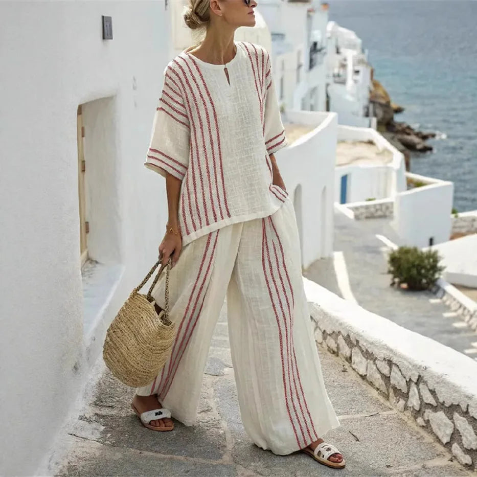 Maxy Breathable Casual Set Striped Cotton Print Tee Set Comfortable Lightweight Wide leg Pants Set Summer Two Piece Relaxed Outfit