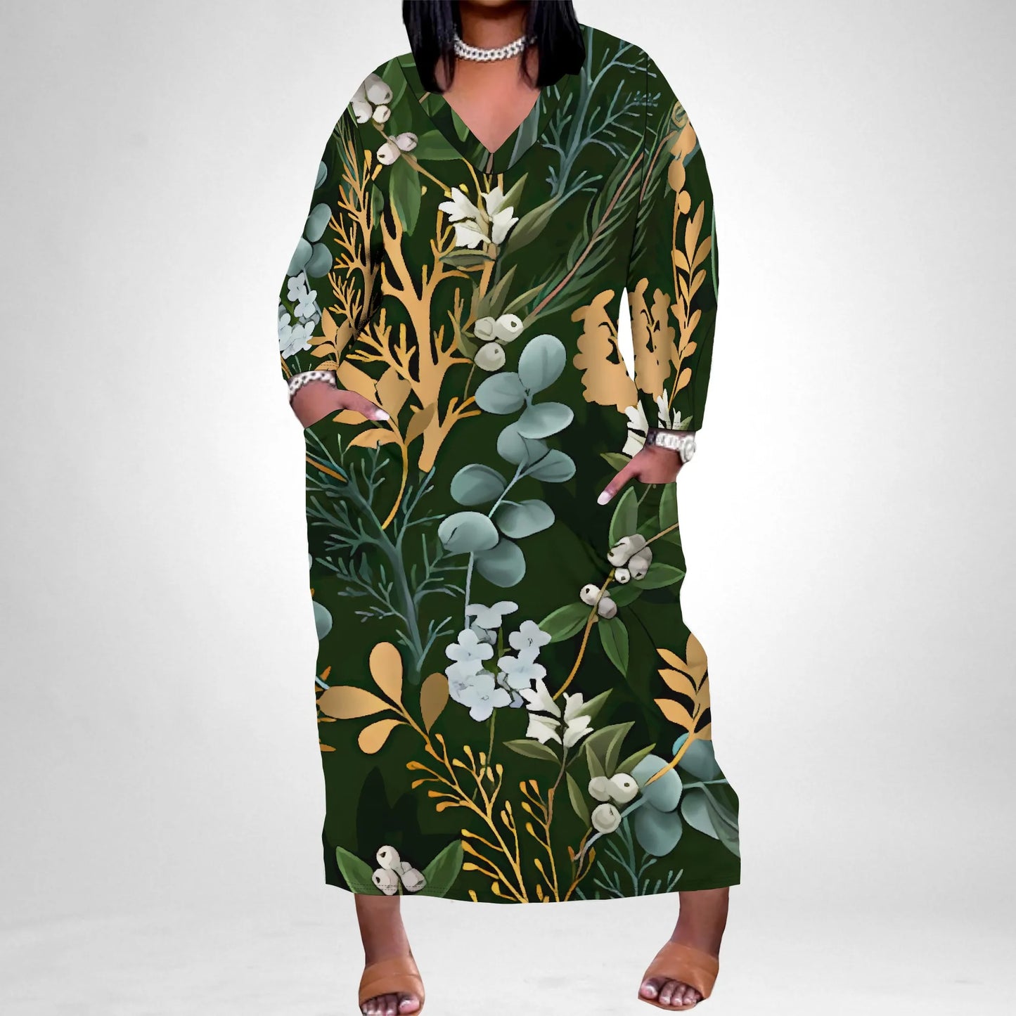 Maxy Plus Size Off Shoulder Green Botanical Print Dress Vacation Casual Wear