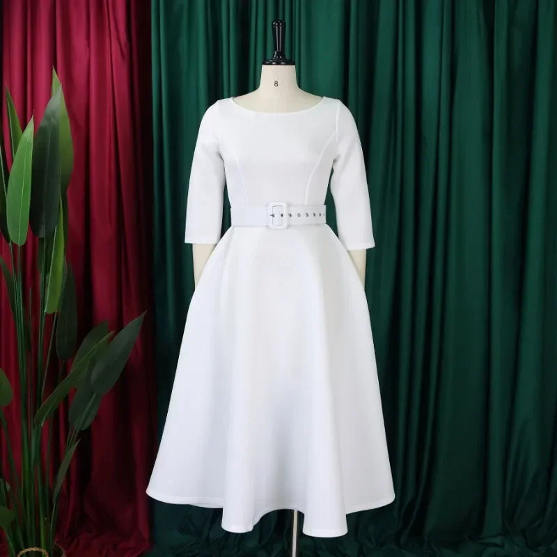 Amay Elegant African Party Evening Dresses for Women Spring Fashion African 3/4 Sleeve Polyester Dress With Belt Africa Clothing