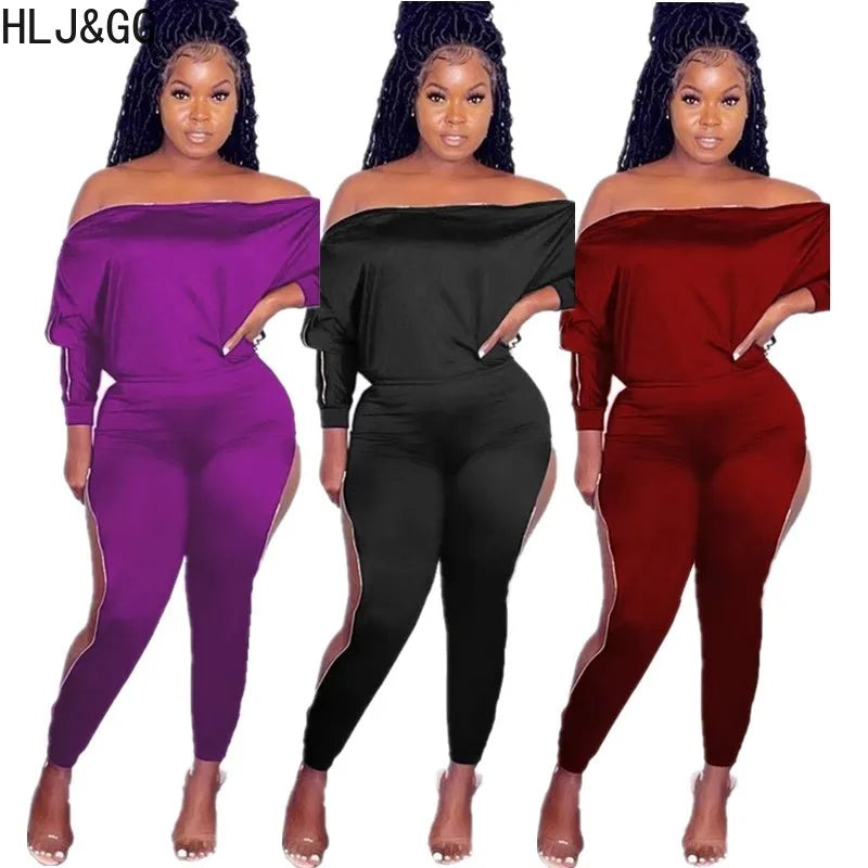 HLJ&GG Autumn New Side Zipper Skinny Pants Two Piece Sets Women Off Shoulder Long Sleeve Top And Pants Outfits Casual Tracksuits