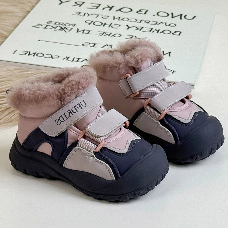 Maxy High Quality Kid's Sneakers Boots with Fur Plush, Solid Black Pink Water-proof Warm Winter Ankle Boots,Toddler Anti-slip Shoes